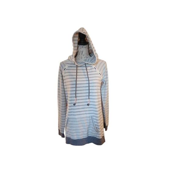 Maurices Women's Size Medium White Gray Pink Striped Long Lightweight Hoodie - Picture 1 of 7
